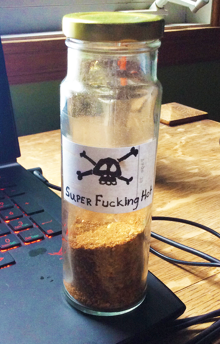 Ground killer peppers from last year's harvest. The label does not lie.